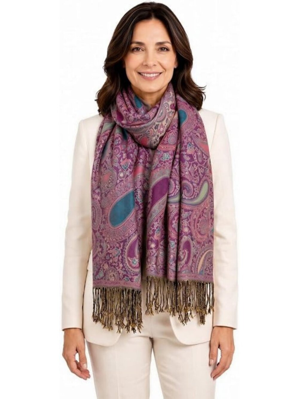 Pashmina Silk Blend Paisley Fringe Scarf Shawl Wrap Boho Vintage Purple Blue
